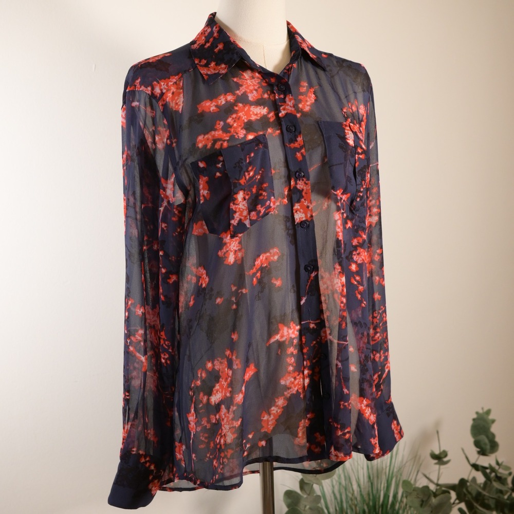 Guess Los Angeles Navy Blue Sheer Floral Button Up Blouse Top Small